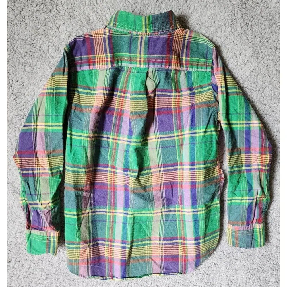 Ralph Lauren Green Plaid Button Down Long Sleeve Polo Shirt Youth Size 6‎ Cotton